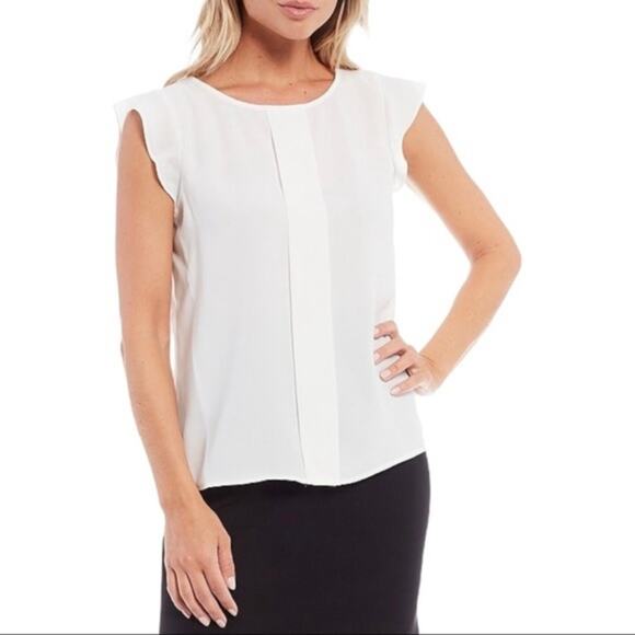 TAHARI ASL CAP SLEEVE PLEAT FRONT CAREER BLOUSE IN IVORY NWT WOMEN'S SIZE LARGE - Picture 1 of 16